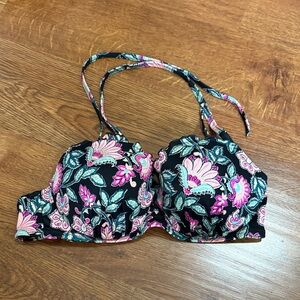 Shade & Shore Black Floral Bikini Top with Pink and Teal Accents
